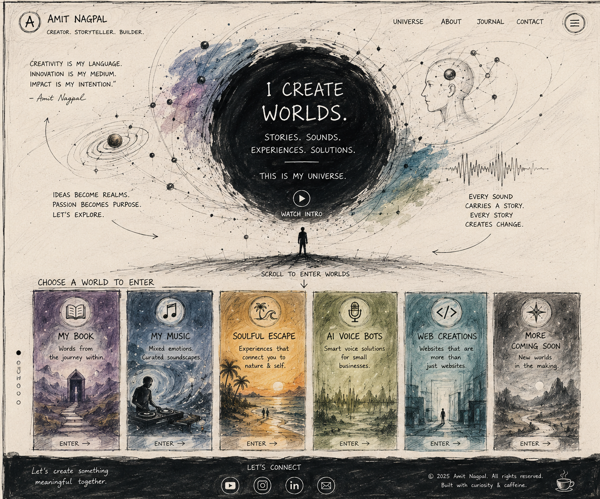 A hand-drawn cinematic creative universe landing page with a portal and six project worlds.