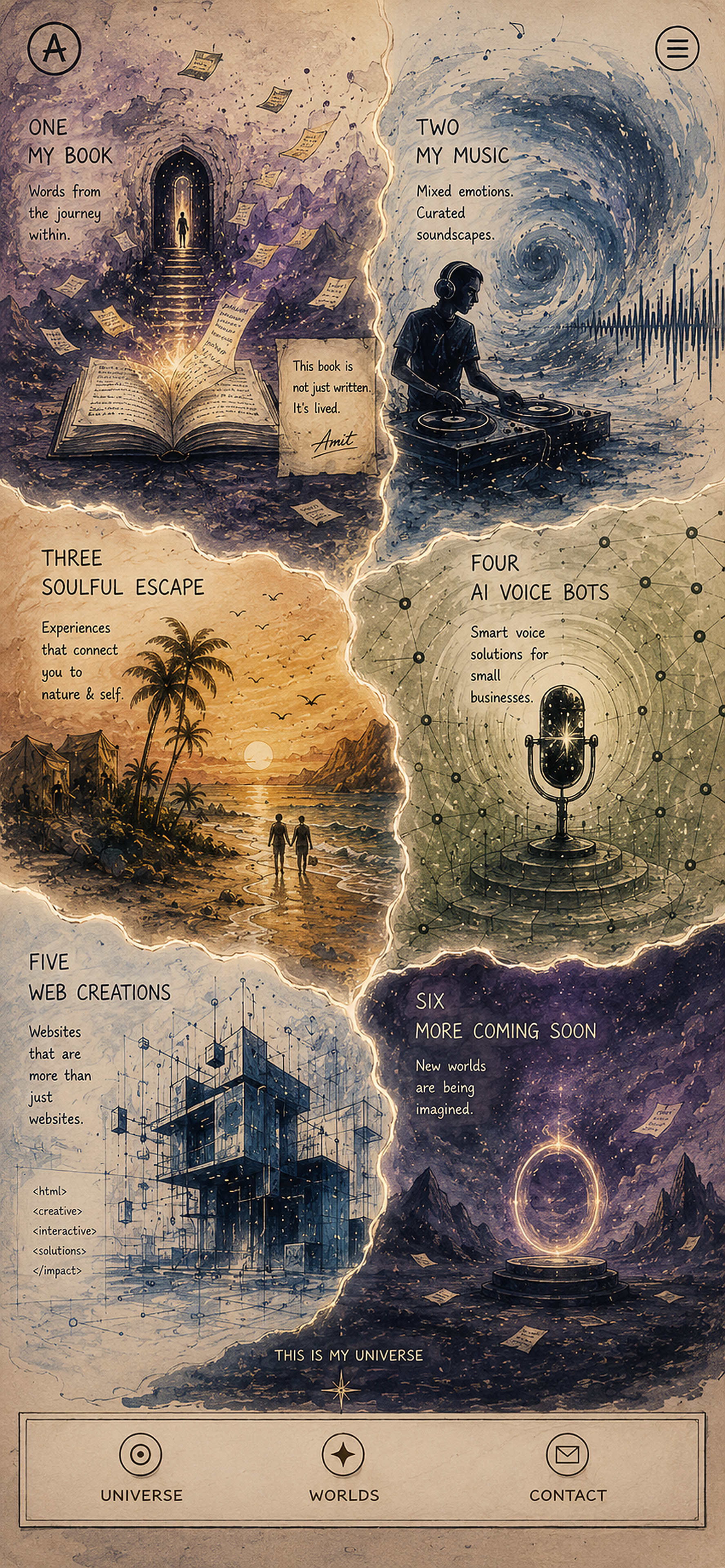 A vertical hand-drawn torn-paper universe map with six worlds.