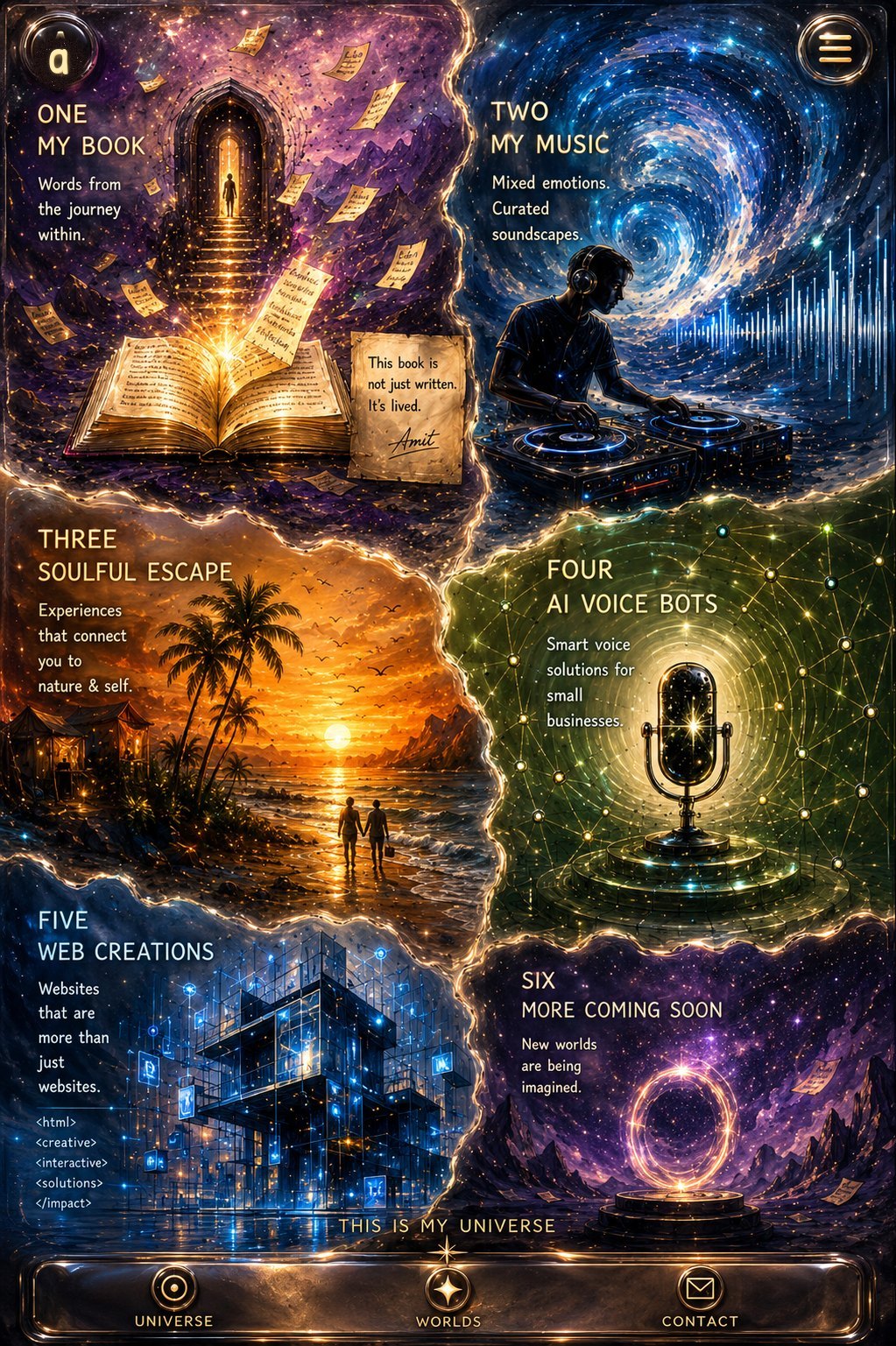 A luminous painted universe map with six torn-edge worlds: book, music, soulful escape, AI voice bots, web creations, and more coming soon.